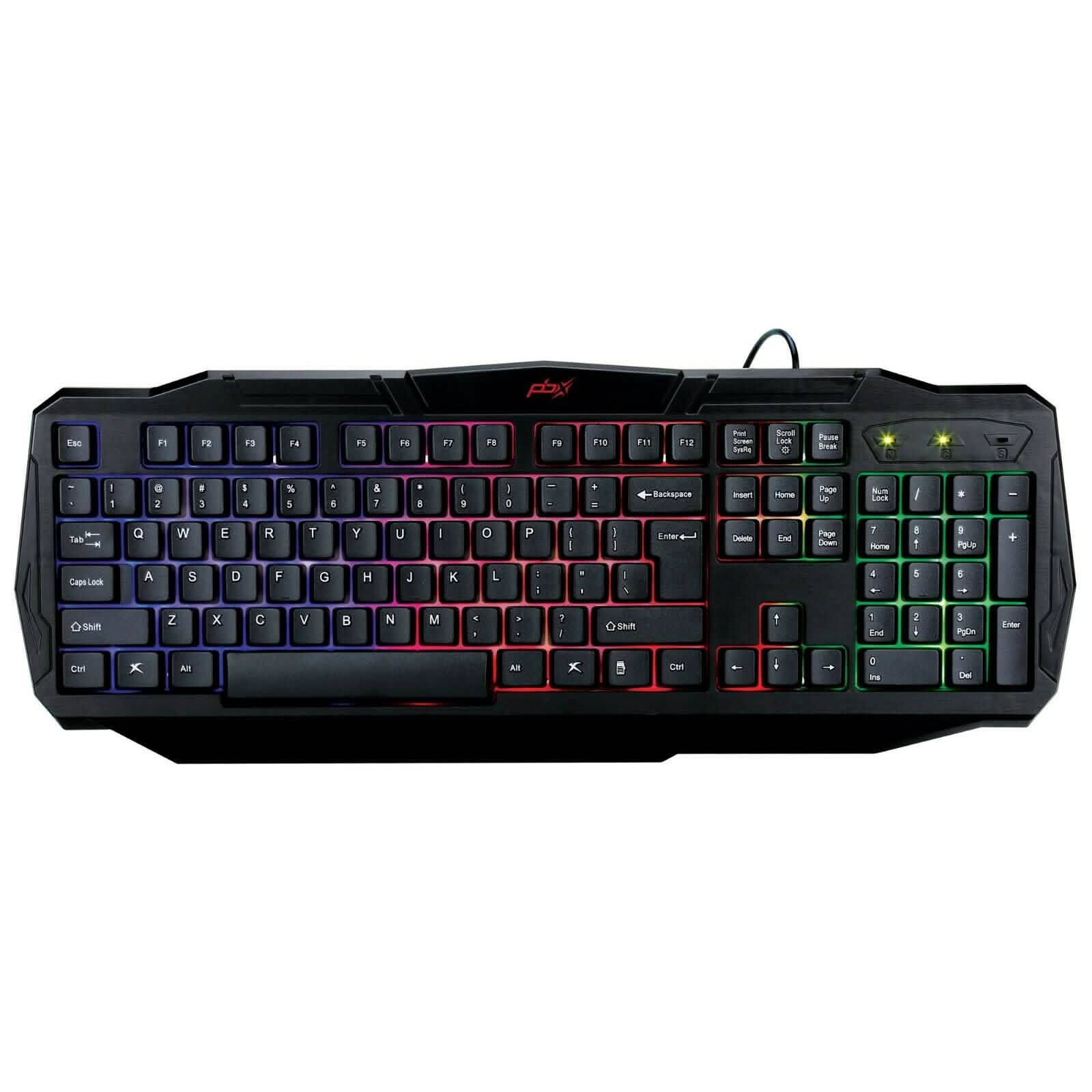 Backlit gaming keyboard with RGB keys in black housing, includes cable at top.