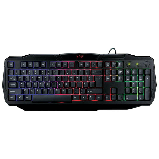 Backlit gaming keyboard with RGB keys in black housing, includes cable at top.