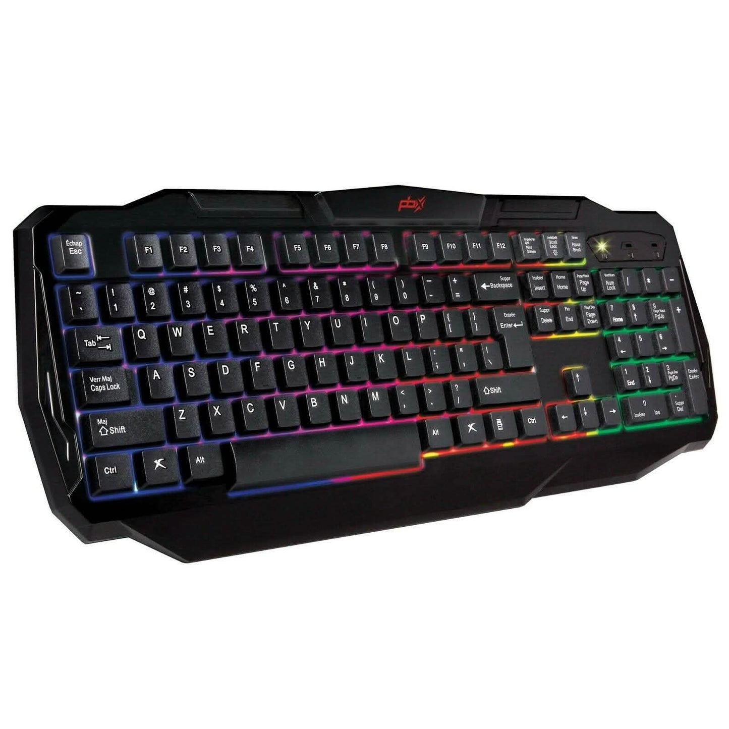Backlit gaming keyboard, black full-size layout with RGB keys and red logo.