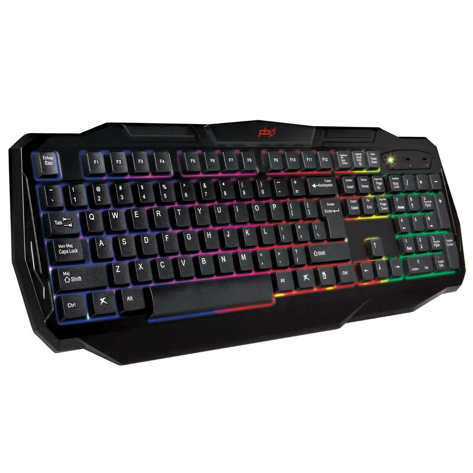 Backlit gaming keyboard, black full-size layout with RGB keys and red logo.