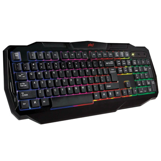 Backlit gaming keyboard, black full-size layout with RGB keys and red logo.