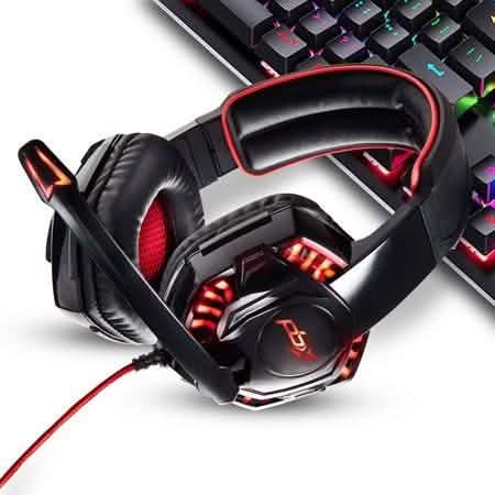 Black gaming headset with red LED accents, over-ear padded cups and adjustable headband