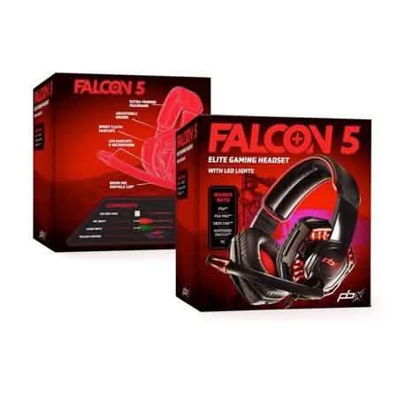 Gaming headset retail box showing PBX Falcon 5 headset and features