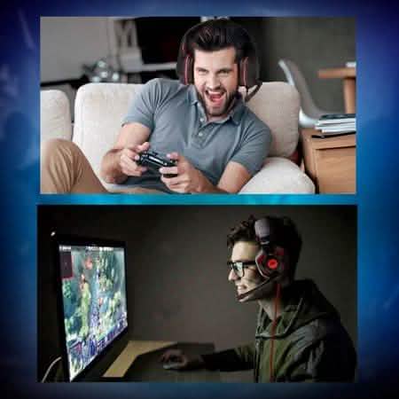 Man wearing black gaming headset with red LED while holding controller on couch