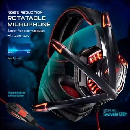 Black gaming headset with rotatable microphone, red LED accents, and adjustable boom