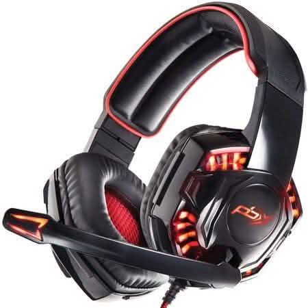 Black over-ear gaming headset with red-trim headband and illuminated side controls