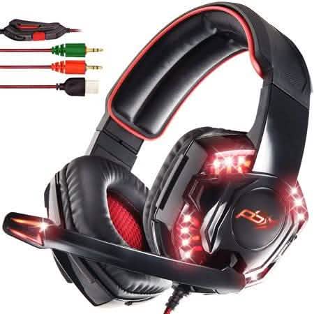 Black gaming headset with glowing LED side lights, padded ear cups, and boom mic