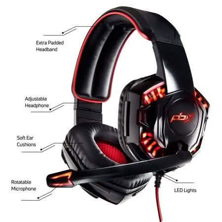 Black gaming headset with soft ear cushions, adjustable headband, and rotatable microphone
