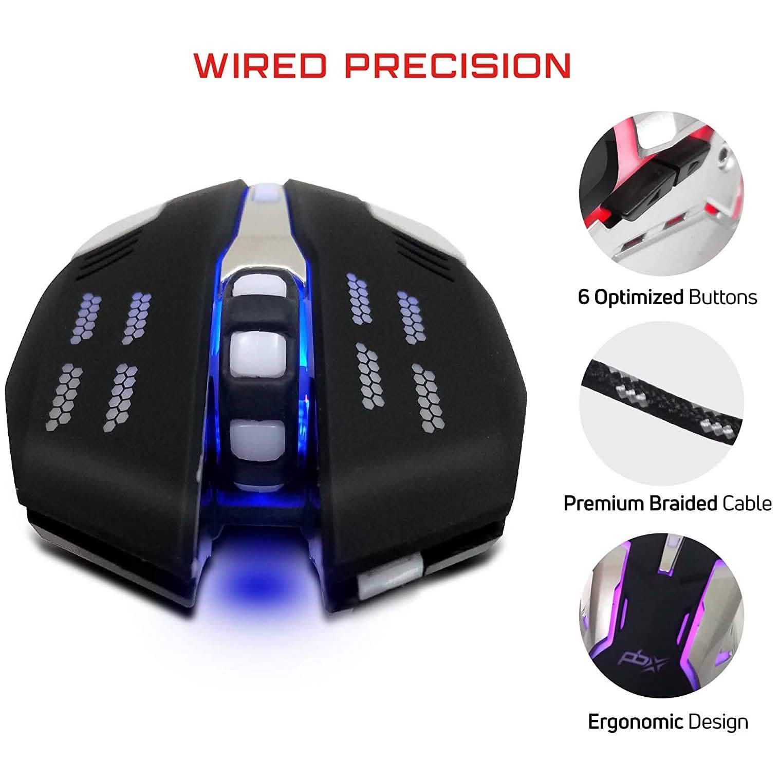 Wired gaming mouse top view in black with blue LED lights and ergonomic buttons