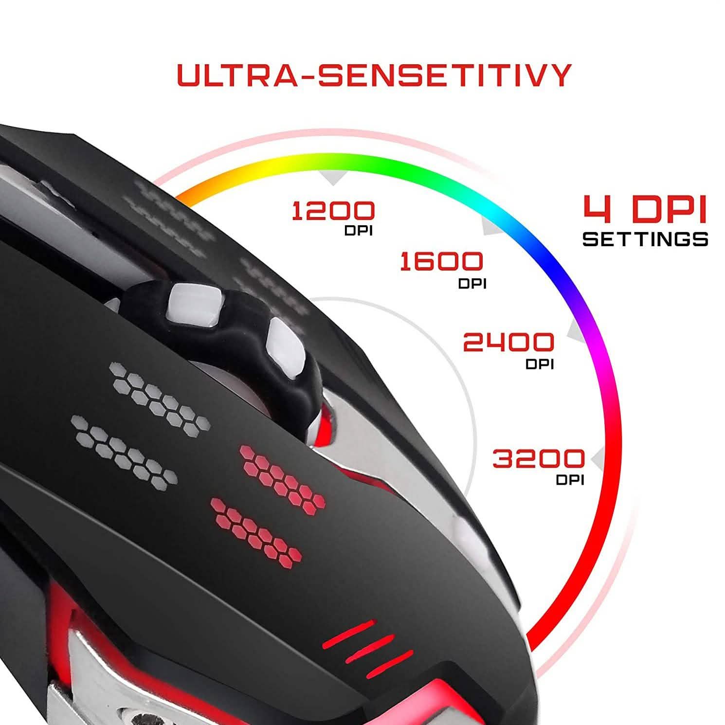 Wired gaming mouse close-up on left side with red light markings and DPI graphic