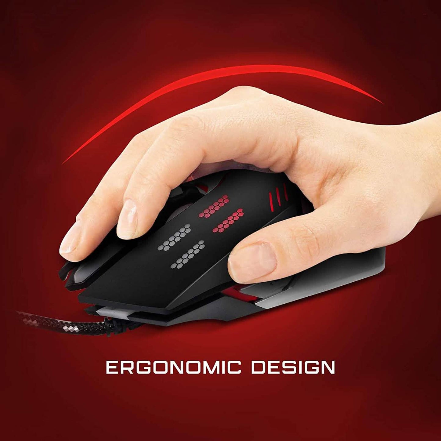 Wired gaming mouse held in hand, black body with red LED accents