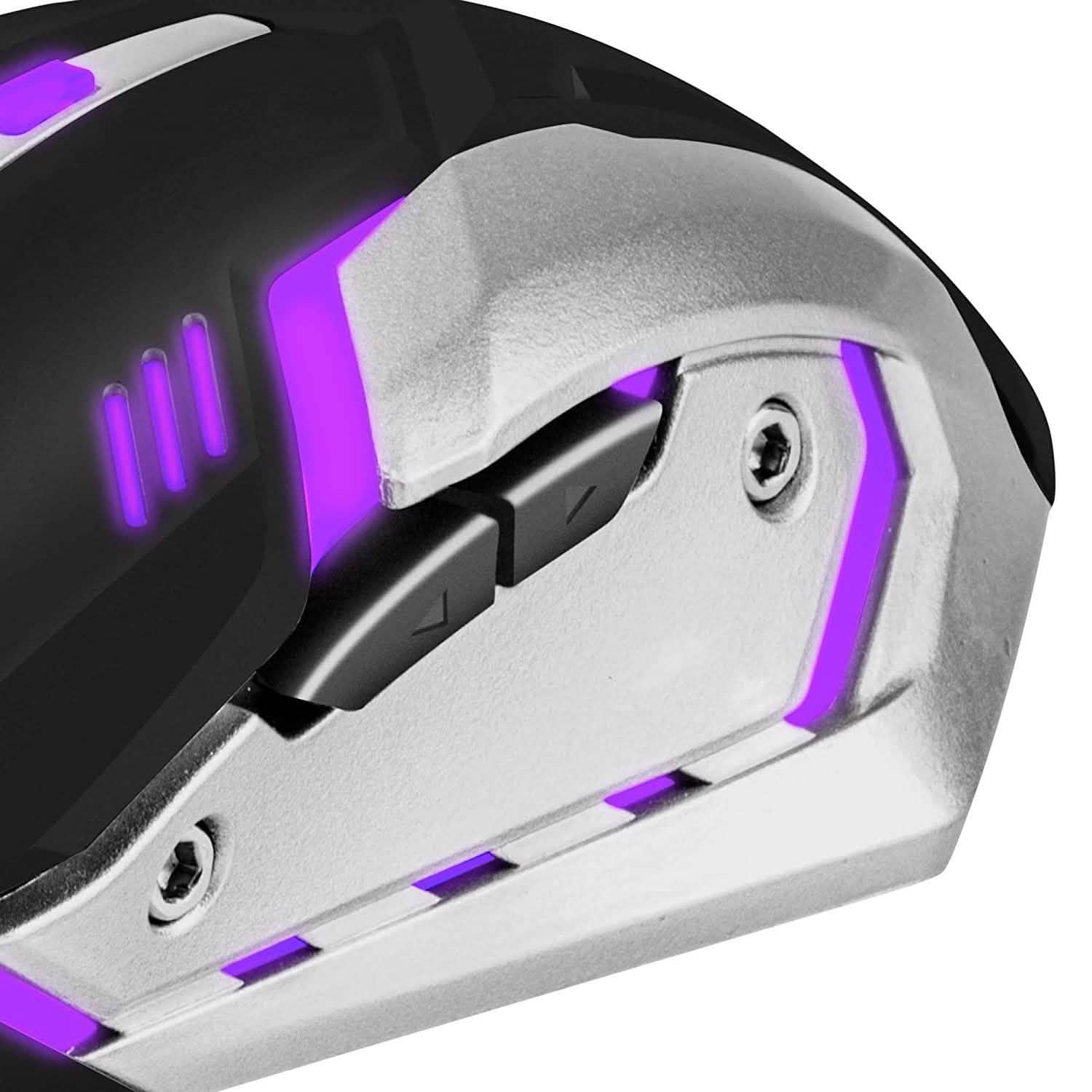 Wired gaming mouse close-up with silver side plate and purple LED light strips