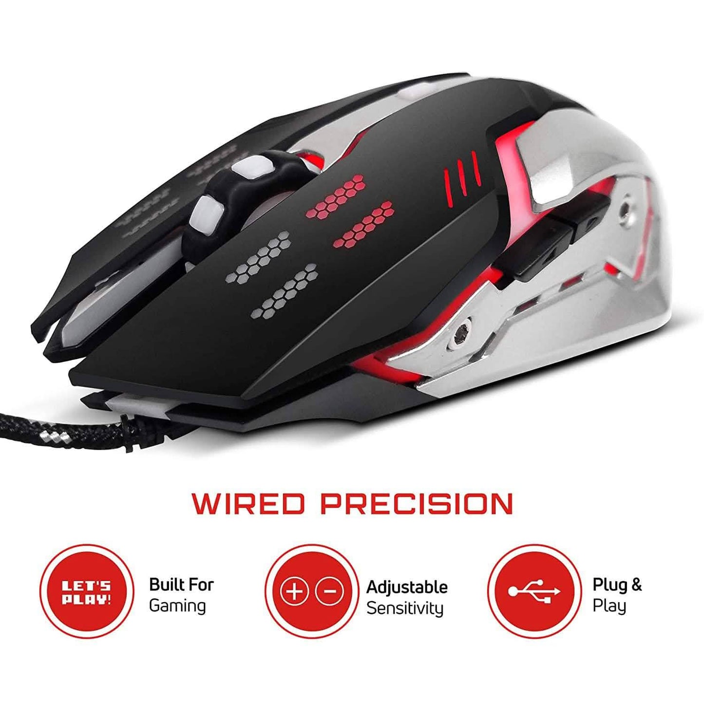 Wired gaming mouse angled view in black with red accents and patterned grip panels