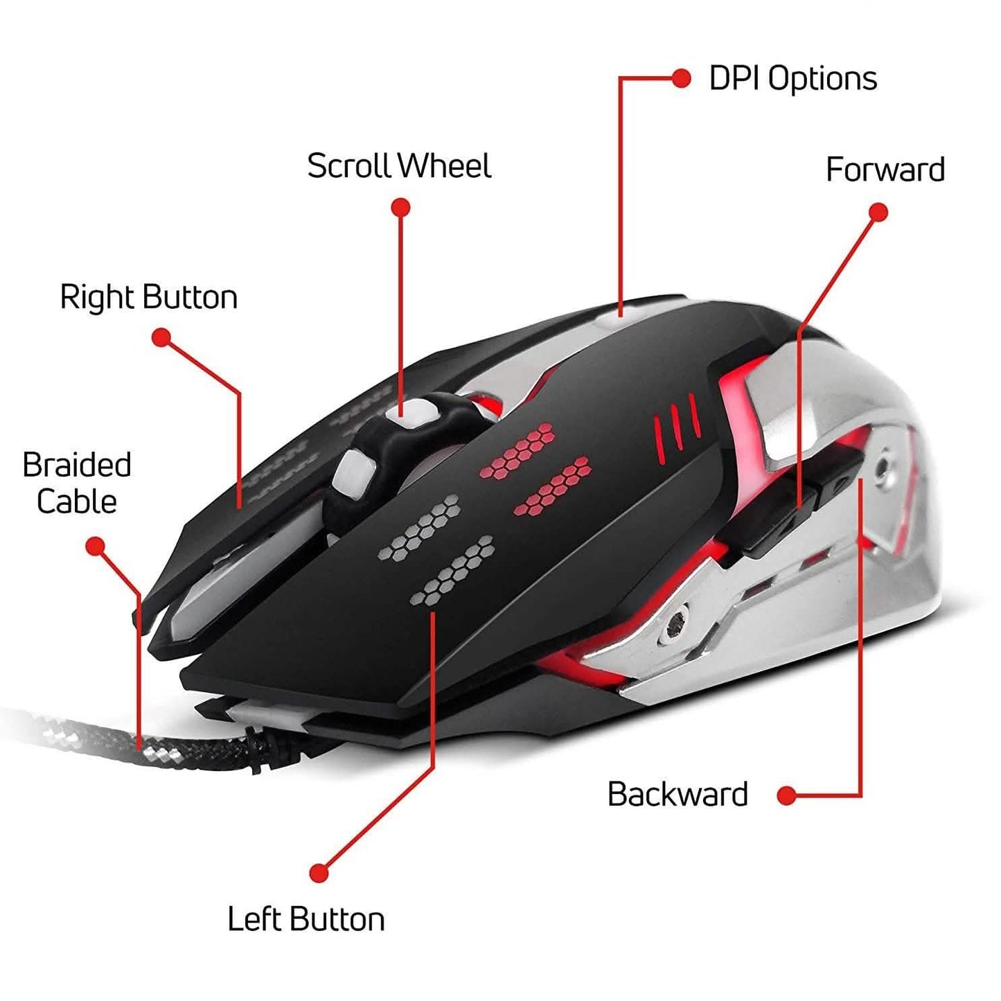Wired gaming mouse side view in black with red accents and braided cable