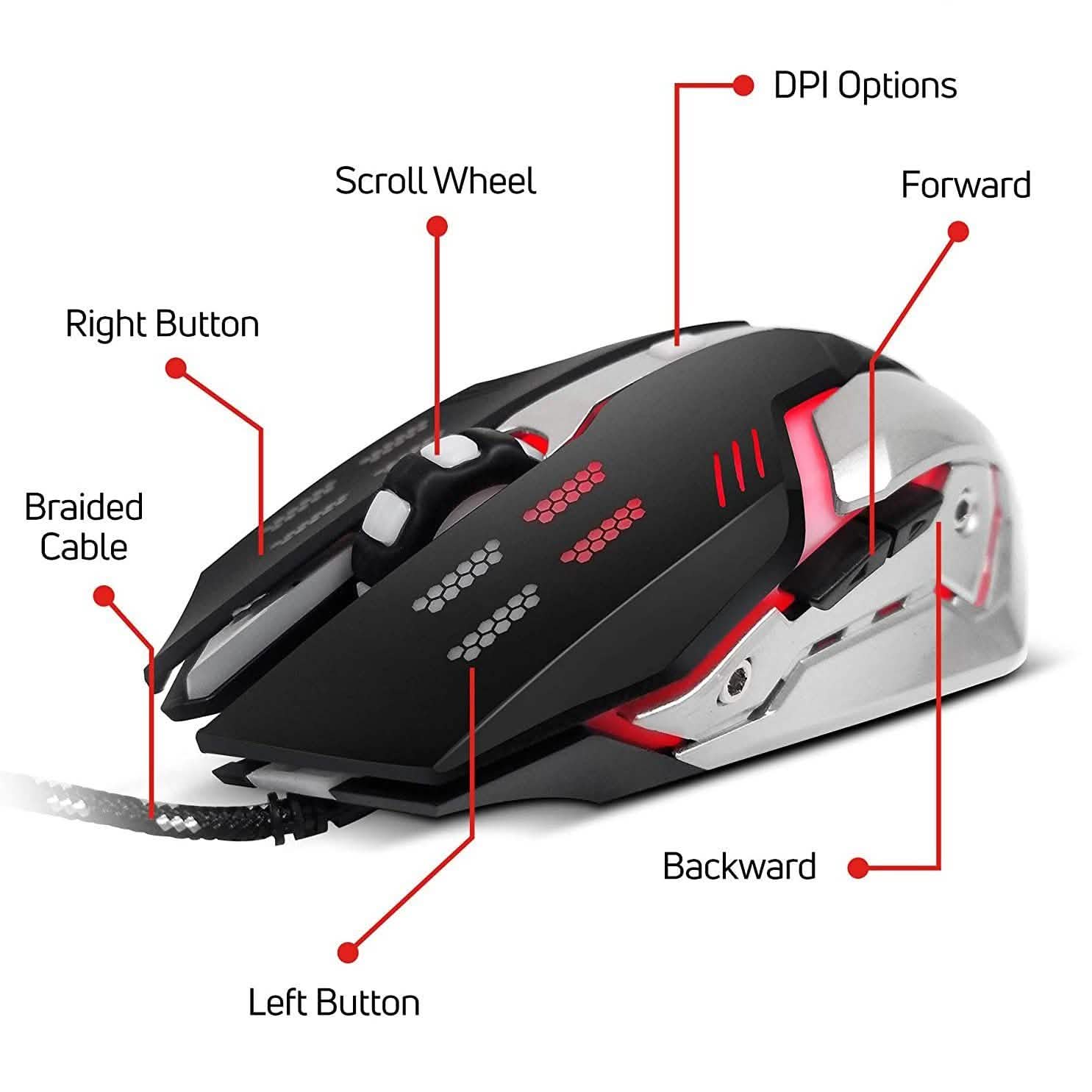 Wired gaming mouse side view in black with red accents and braided cable