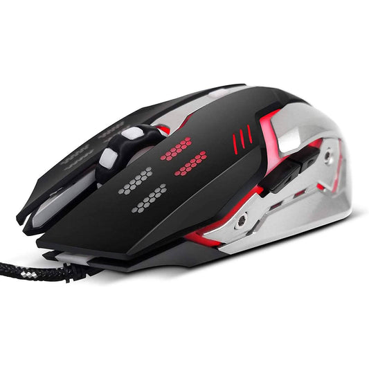 Wired gaming mouse in black with red accents, hex grip patterns, and braided cable