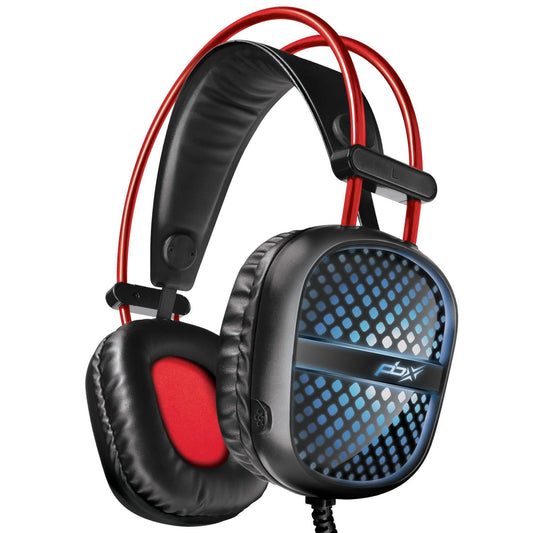 Over-ear gaming headset with red accents, black earcups, and blue LED pattern panel