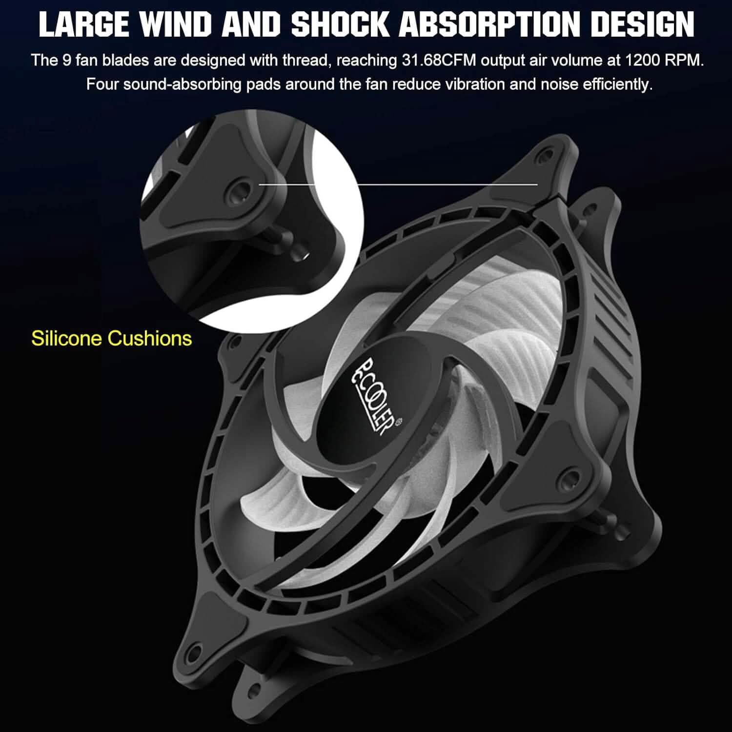 120mm RGB case fan with 9 fan blades and silicone cushion mounts
