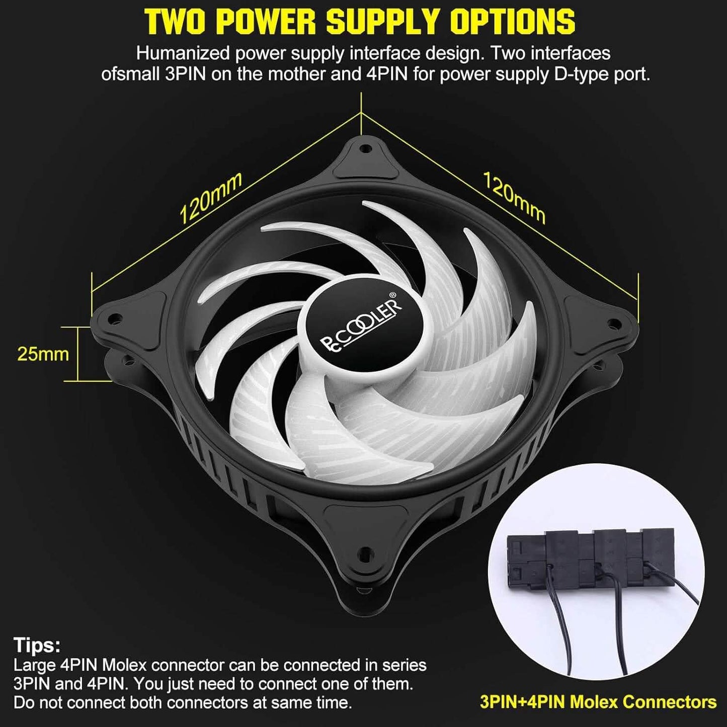 120mm RGB case fan with four-pin and 3-pin Molex connector diagram