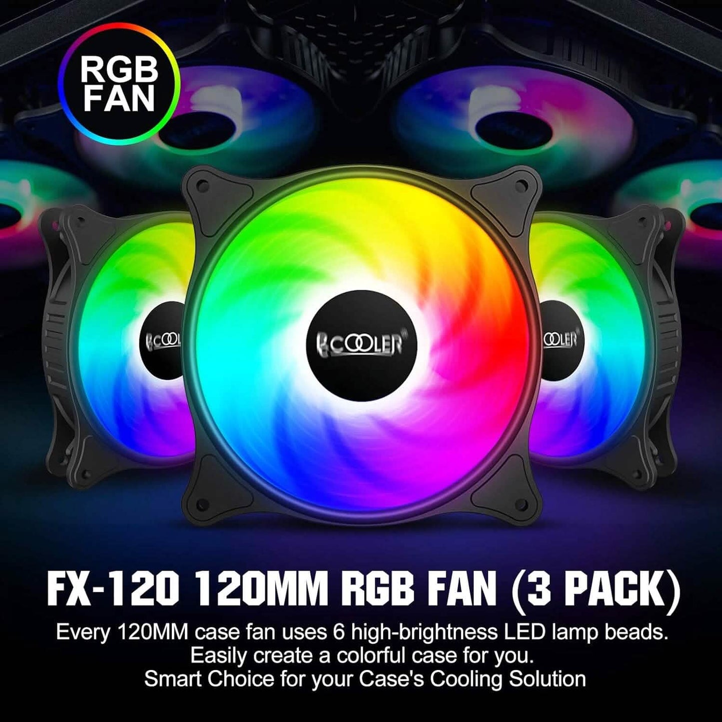 RGB 120mm case fan set, black fan frame with bright multicolor LED glow