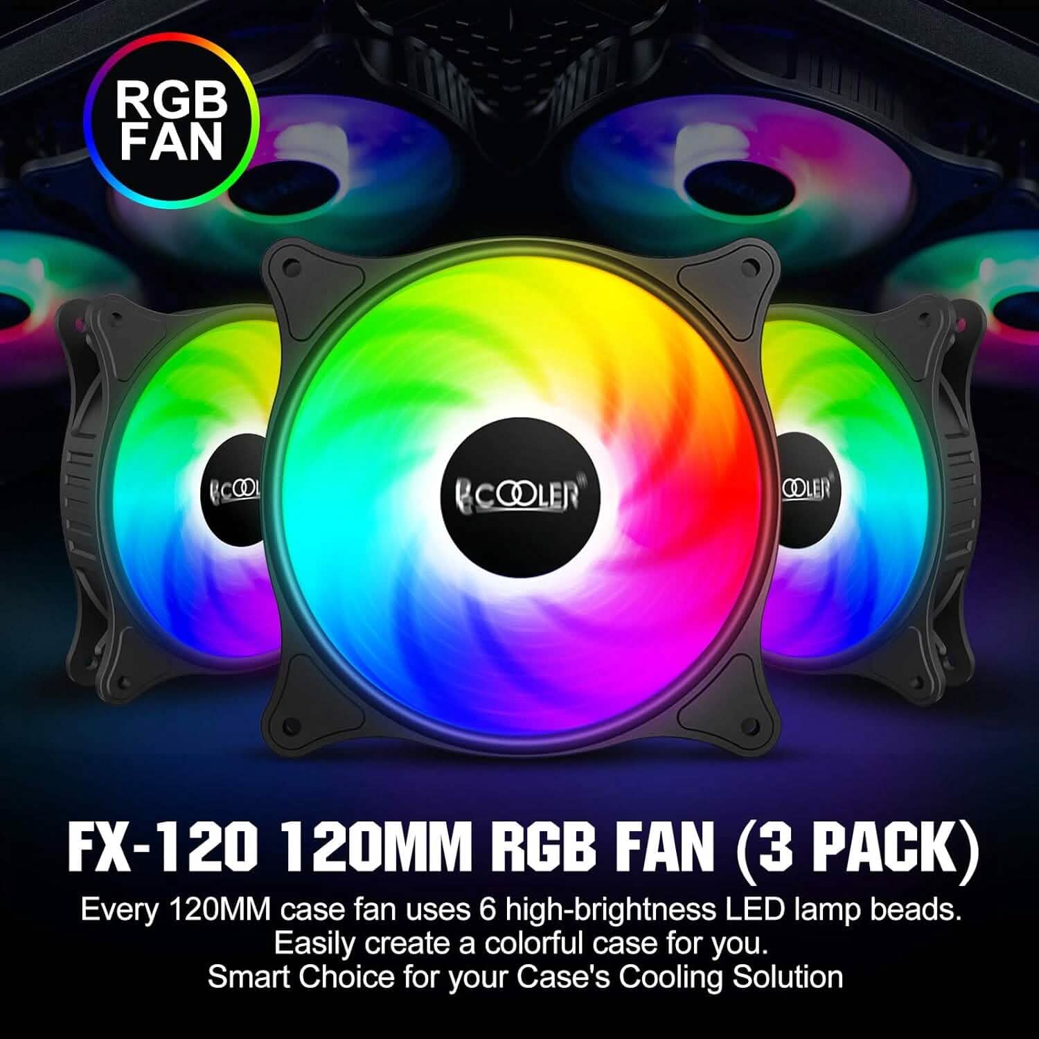 RGB 120mm case fan set, black fan frame with bright multicolor LED glow