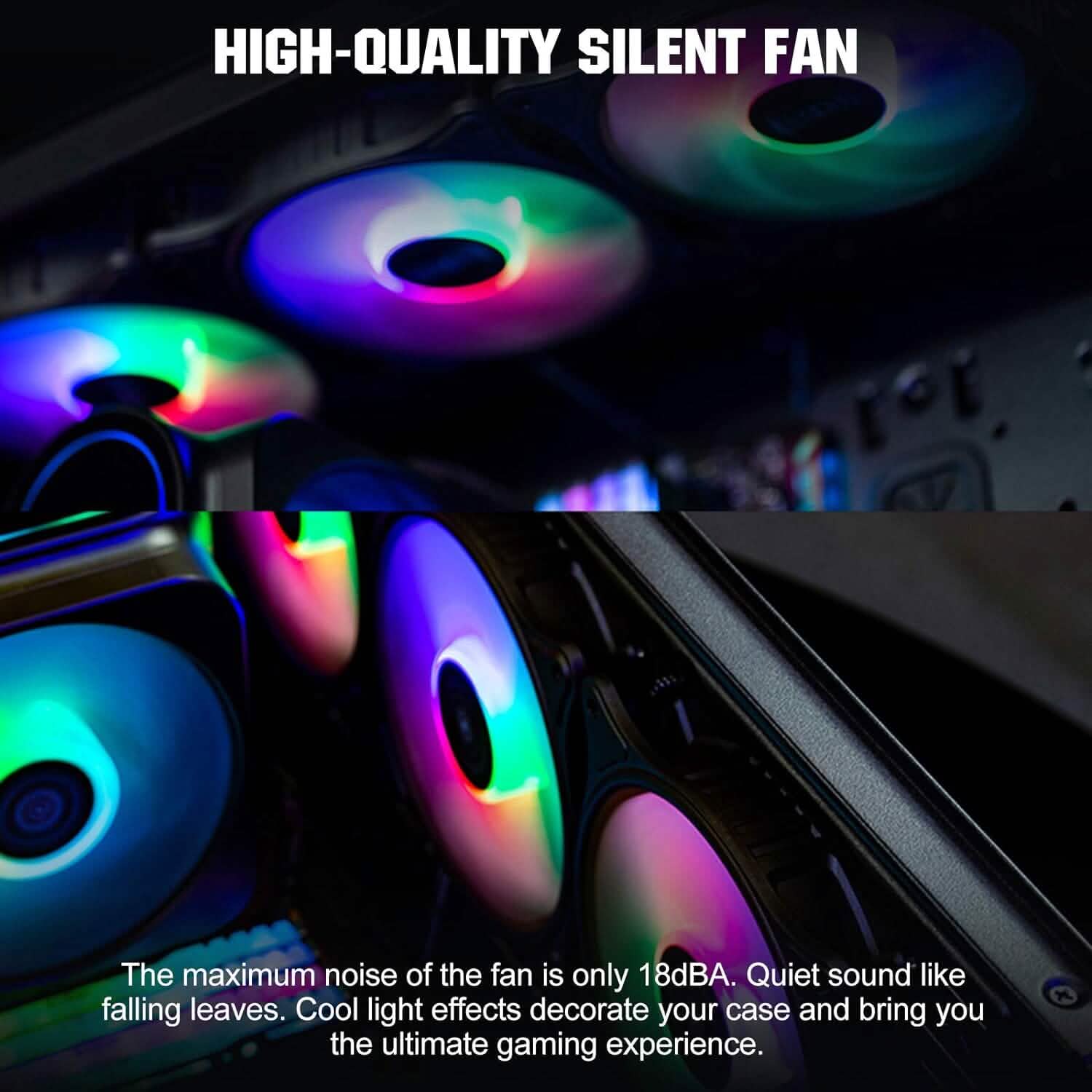 120mm RGB case fans with quiet fan design, side view and rainbow lighting