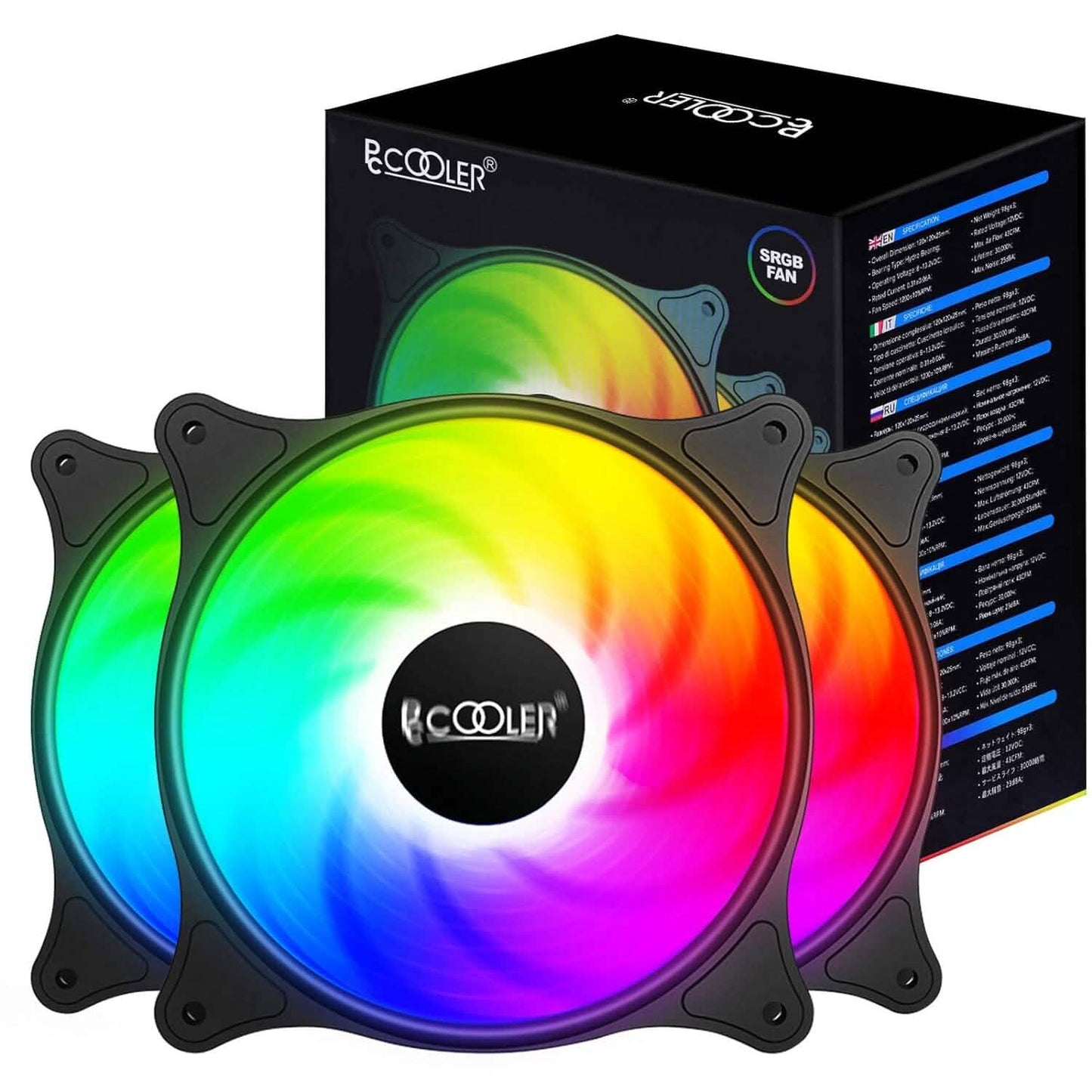 3-pack 120mm RGB case fans, black frames with rainbow LED rings