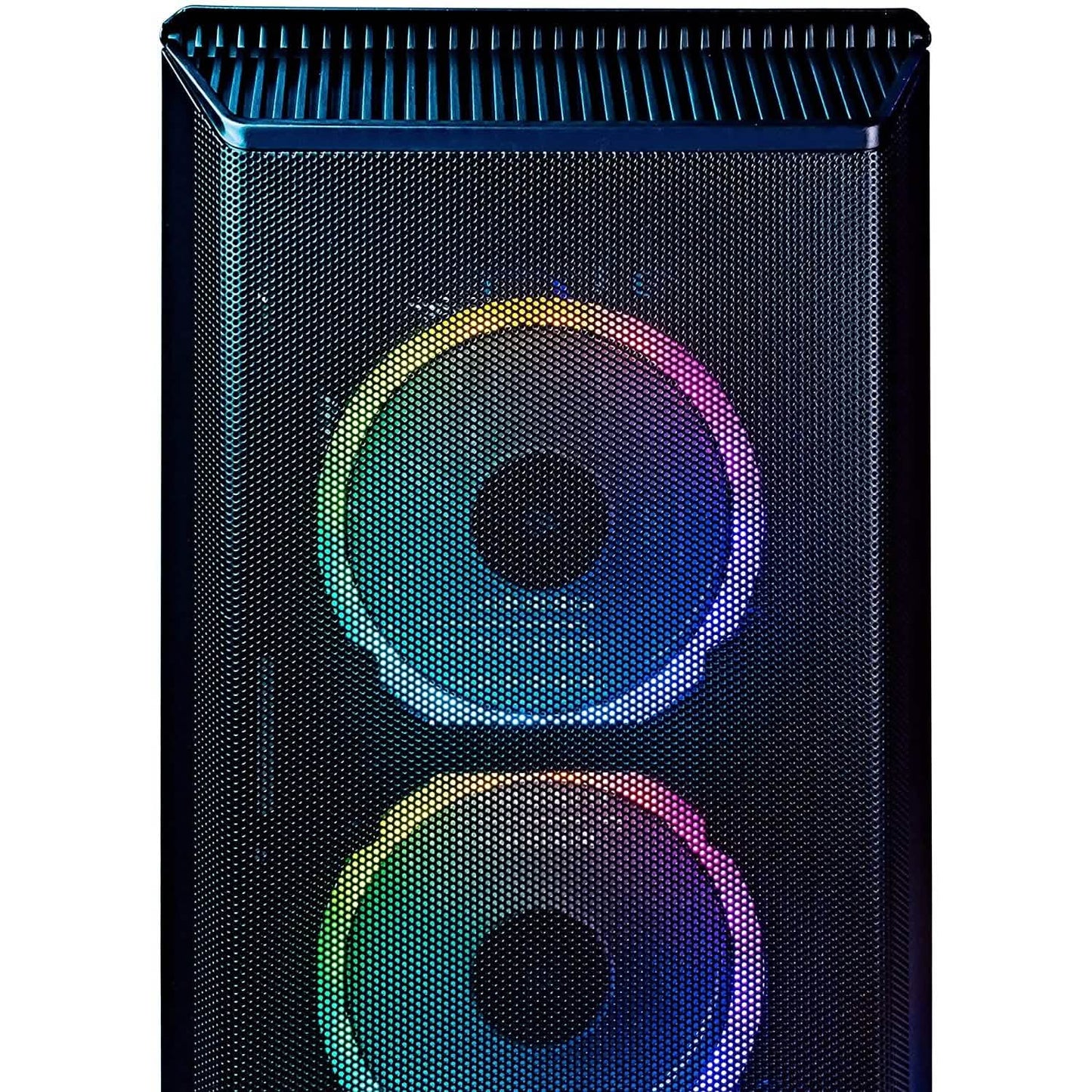 RGB gaming computer tower front close-up with two illuminated fan rings