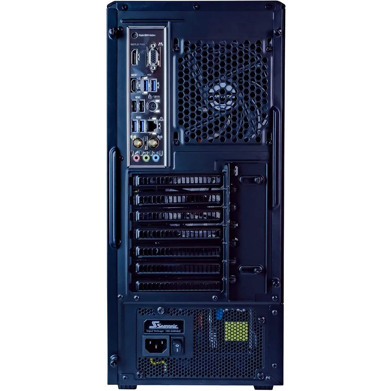 Gaming PC tower rear and interior with expansion slots and I/O port panel