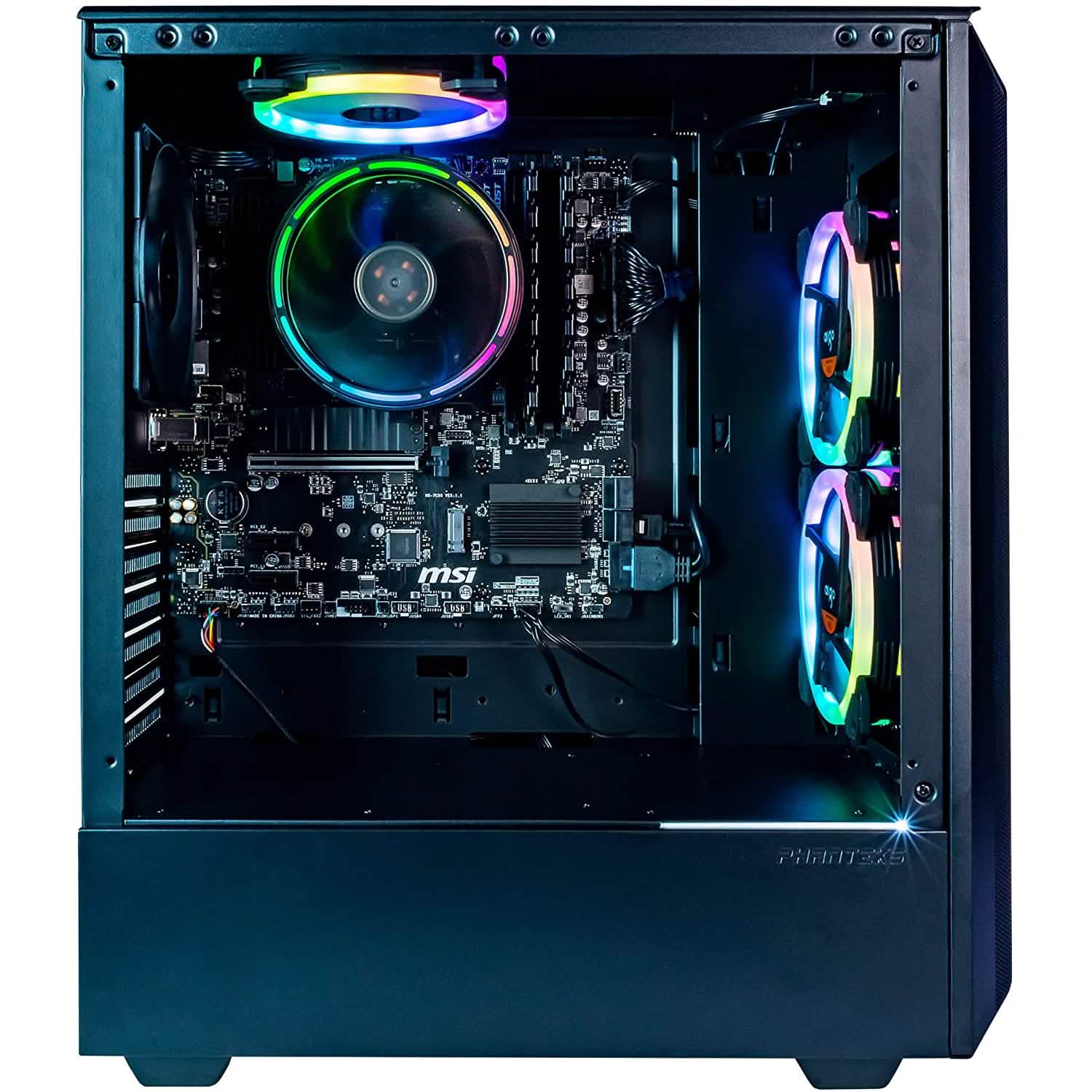 Open side gaming PC case showing motherboard and RGB-lit cooling fans