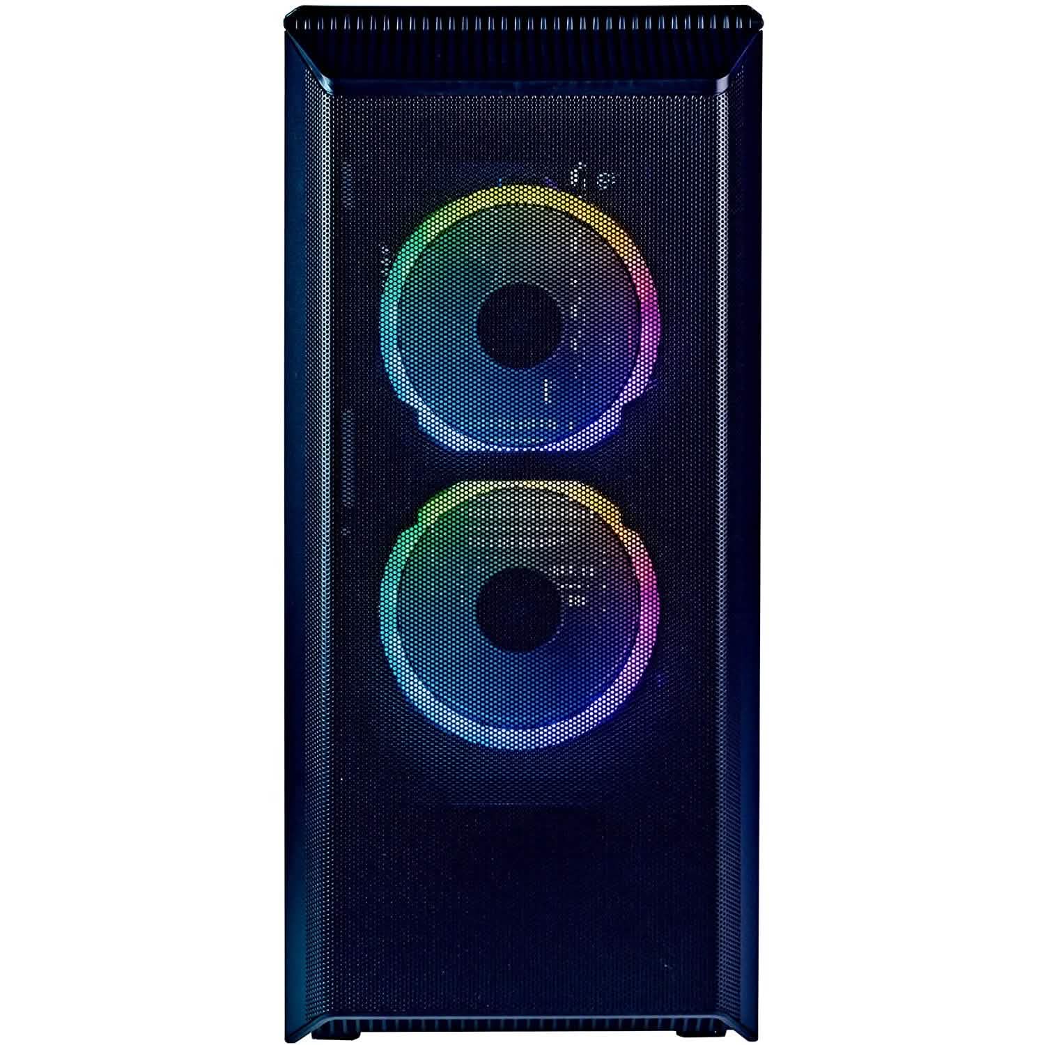 RGB gaming computer tower front with two ring-lit fans behind dark mesh grille