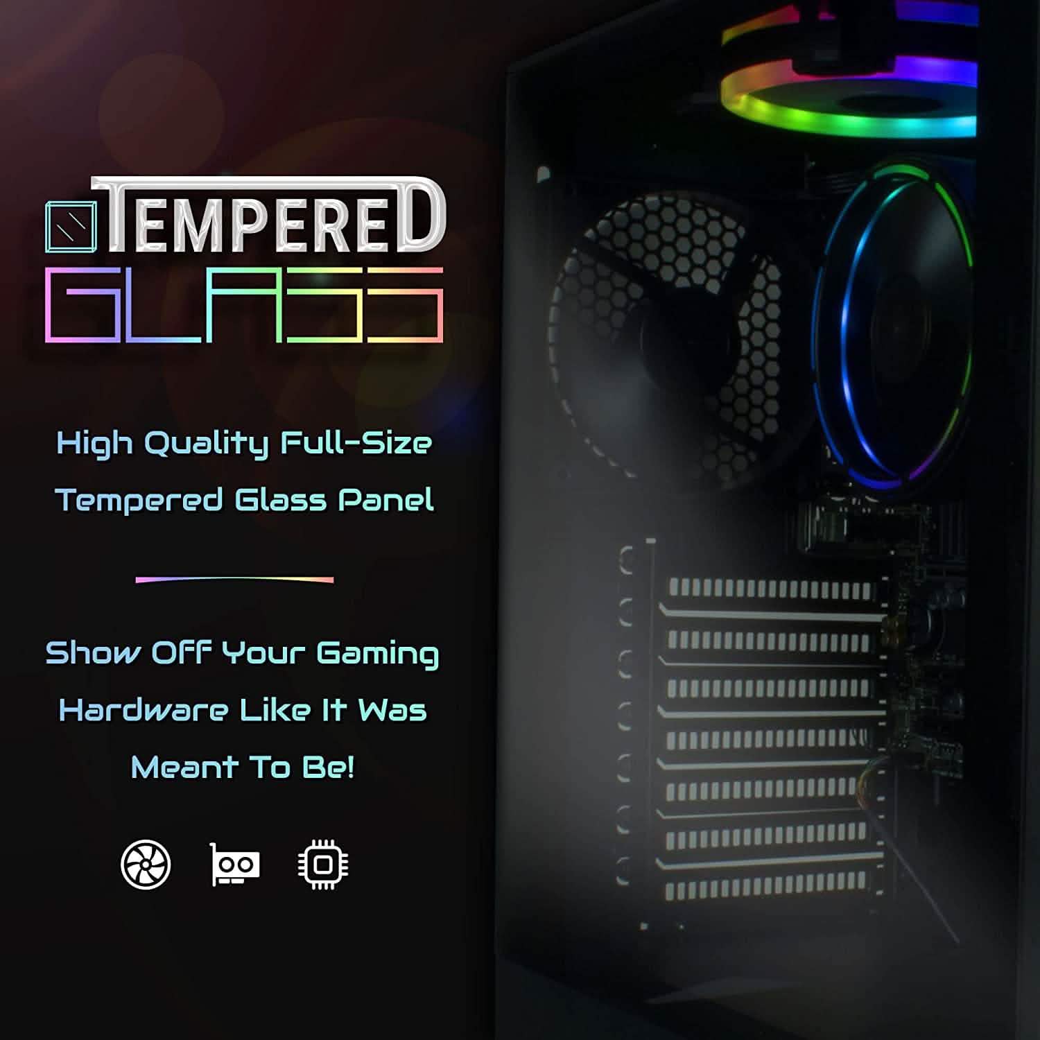 Tempered-glass gaming PC case with RGB-lit CPU cooler and visible internal components