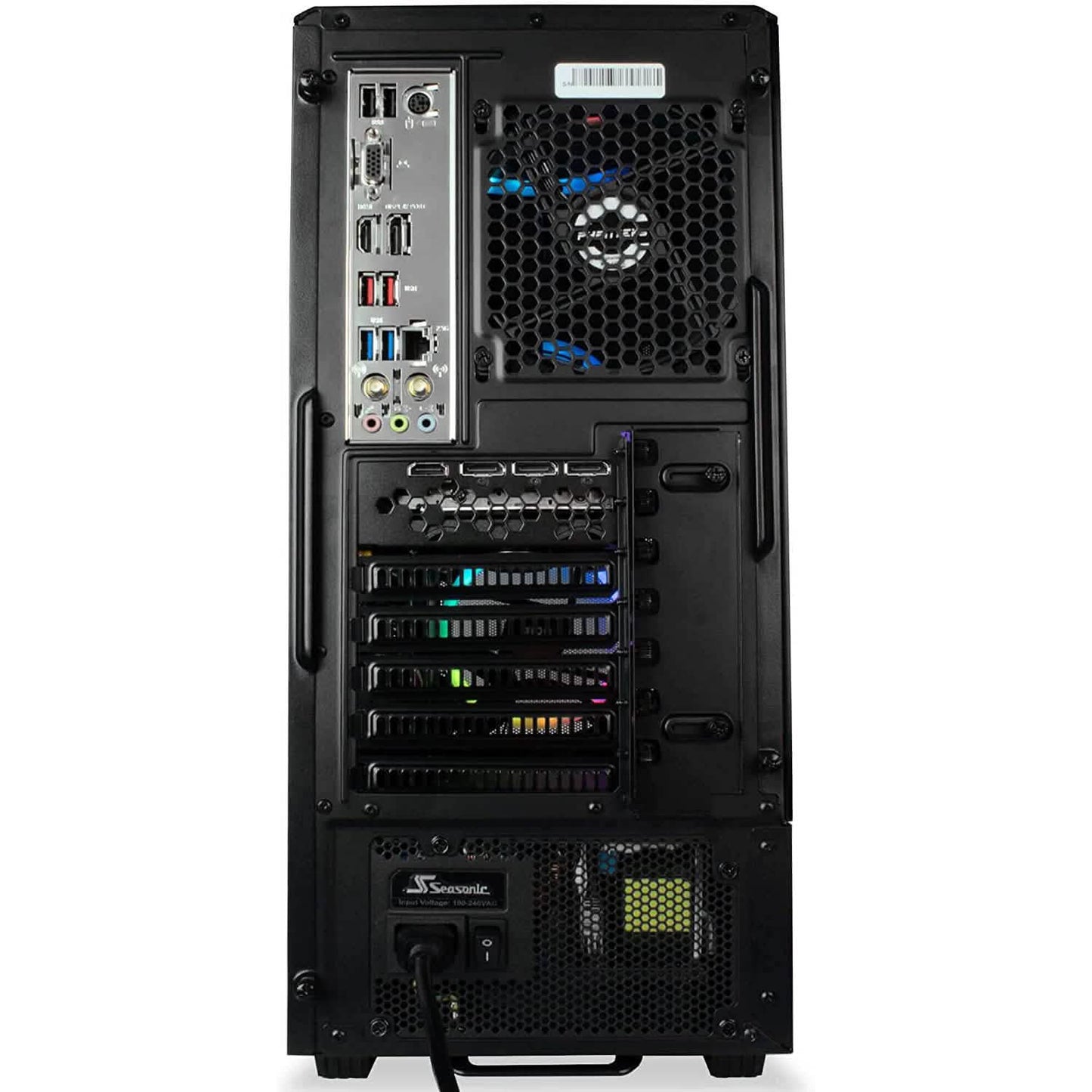 Gaming desktop rear panel with I/O ports, expansion slots, and power supply grille
