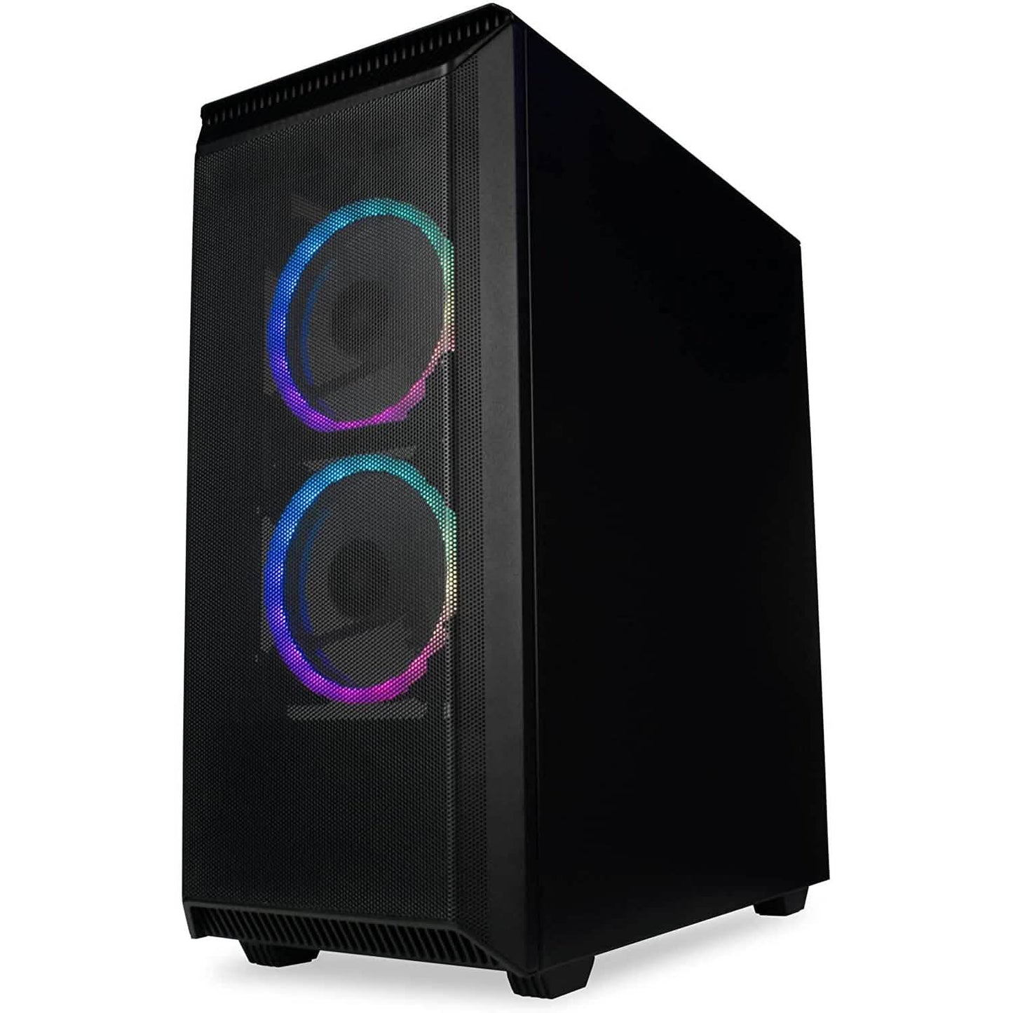 Black gaming desktop tower with two RGB ring lights and tempered glass side panel
