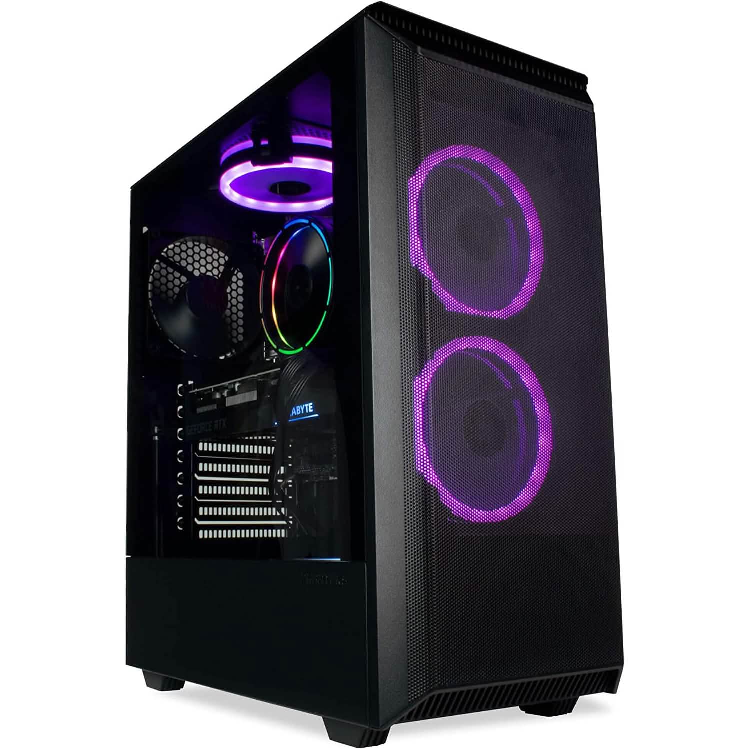 Black gaming desktop PC with purple RGB ring lights and tempered glass side panel