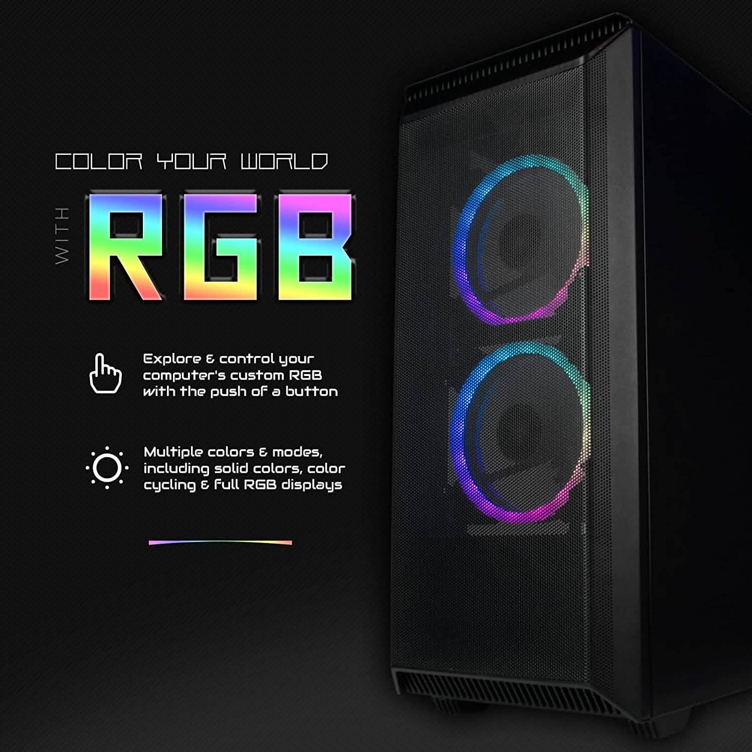 Black gaming desktop tower with RGB ring fans and tempered glass side panel