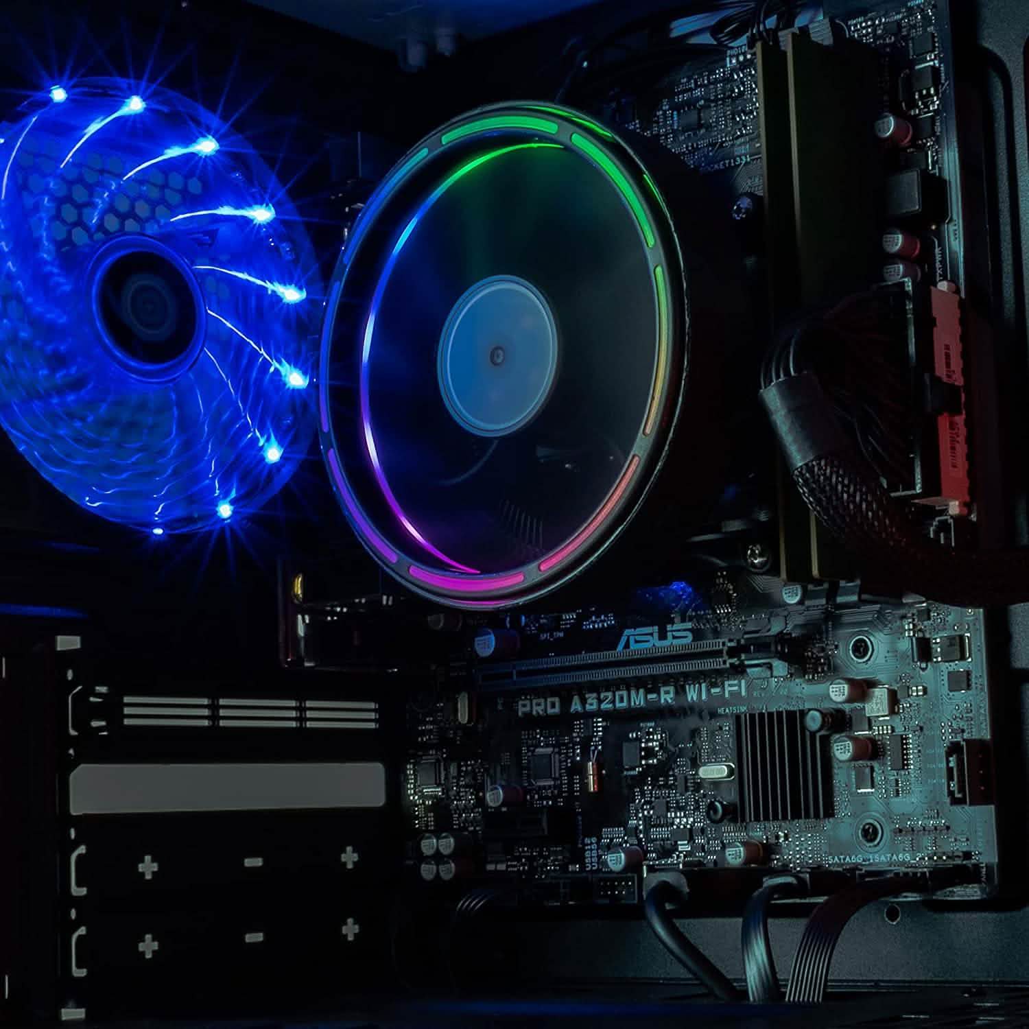 Gaming PC interior with RGB cooling fan and motherboard components
