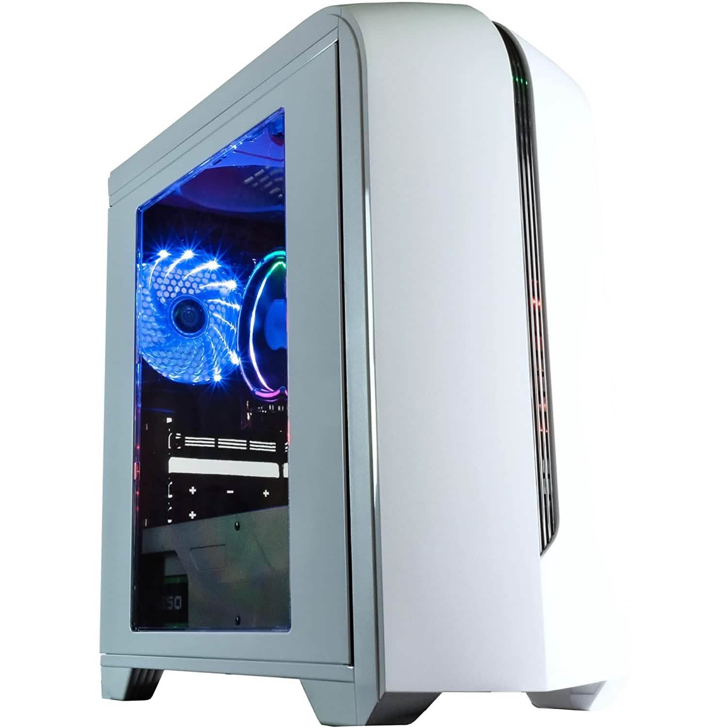 Gaming desktop tower with white case and blue RGB-lit front fan through window