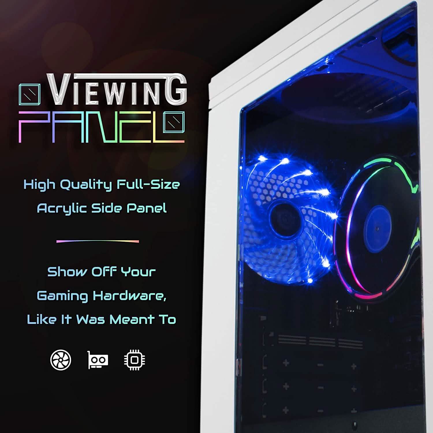 Gaming desktop with white acrylic side panel and blue RGB cooling fans