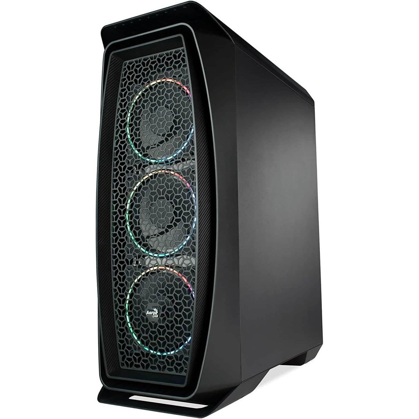 Black gaming PC tower with triple hex mesh RGB fans and multicolor light rings