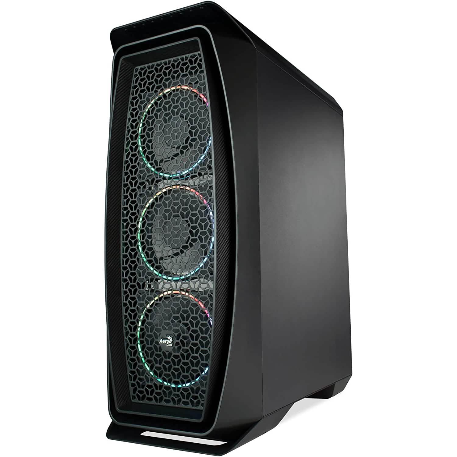 Black gaming PC tower with triple hex mesh RGB fans and multicolor light rings