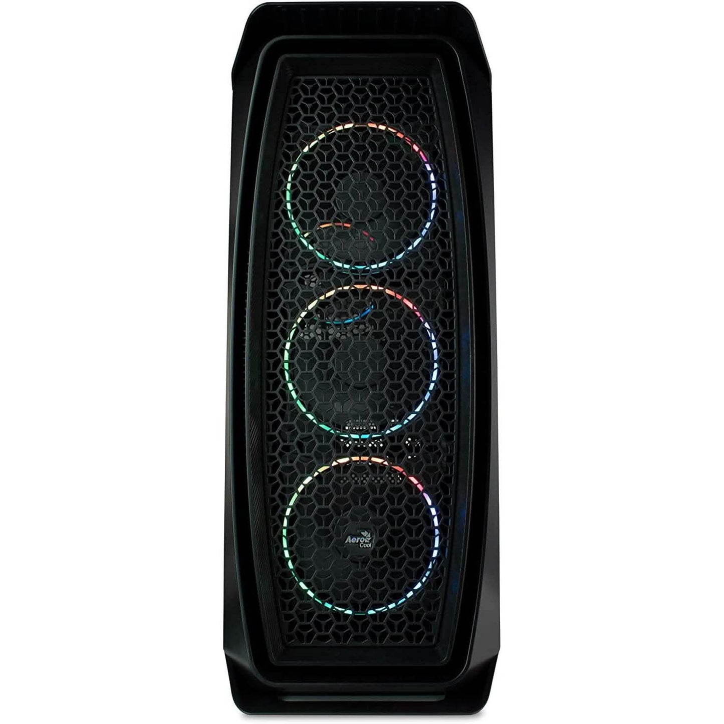 Black gaming PC tower front panel with three RGB hex fans and glowing light rings