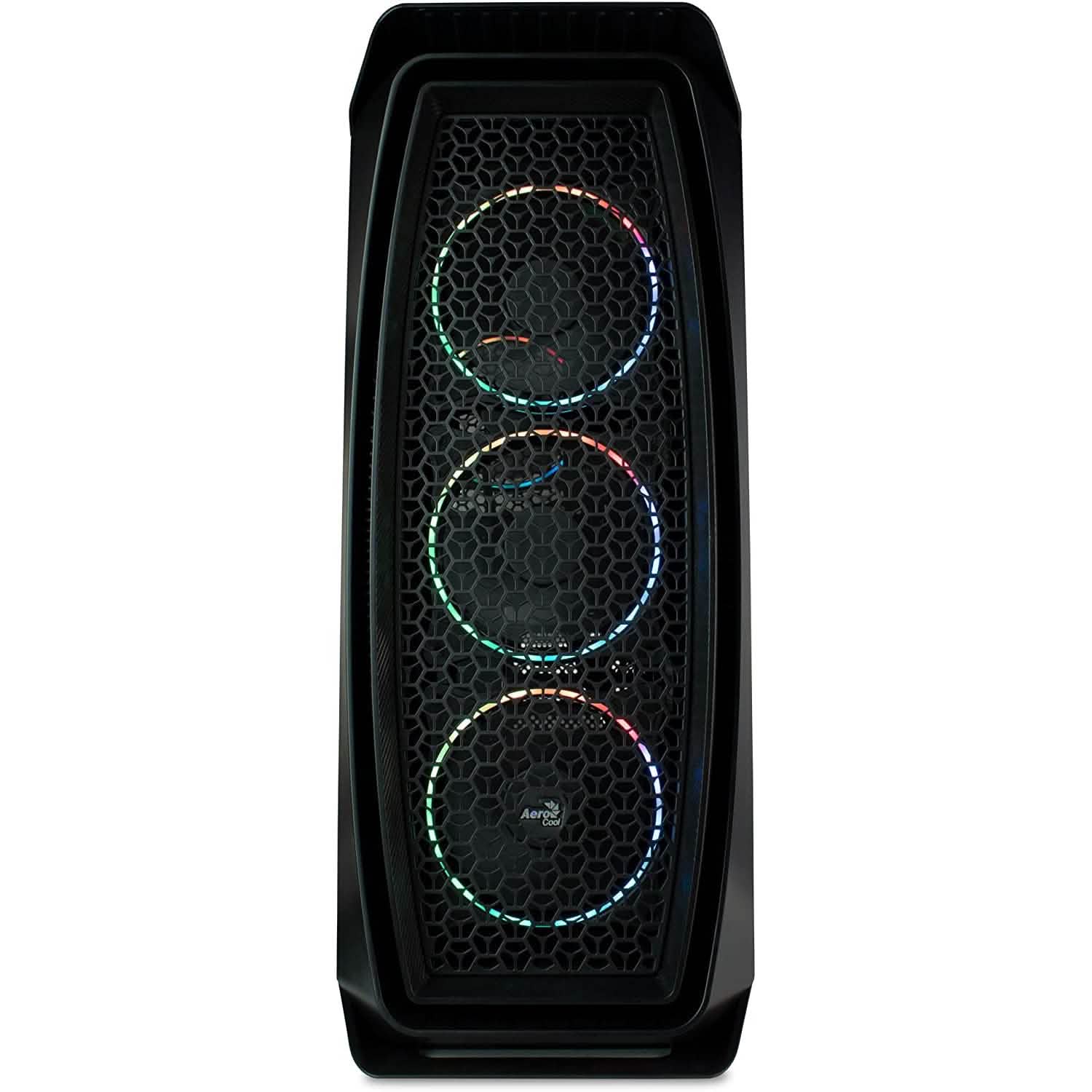 Black gaming PC tower front panel with three RGB hex fans and glowing light rings