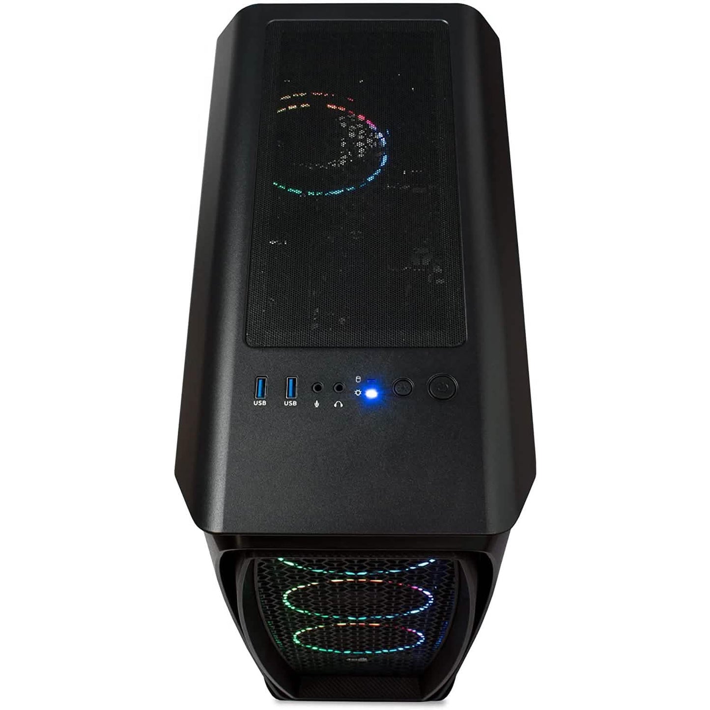 Black gaming PC tower with front USB ports and power controls above RGB fan window