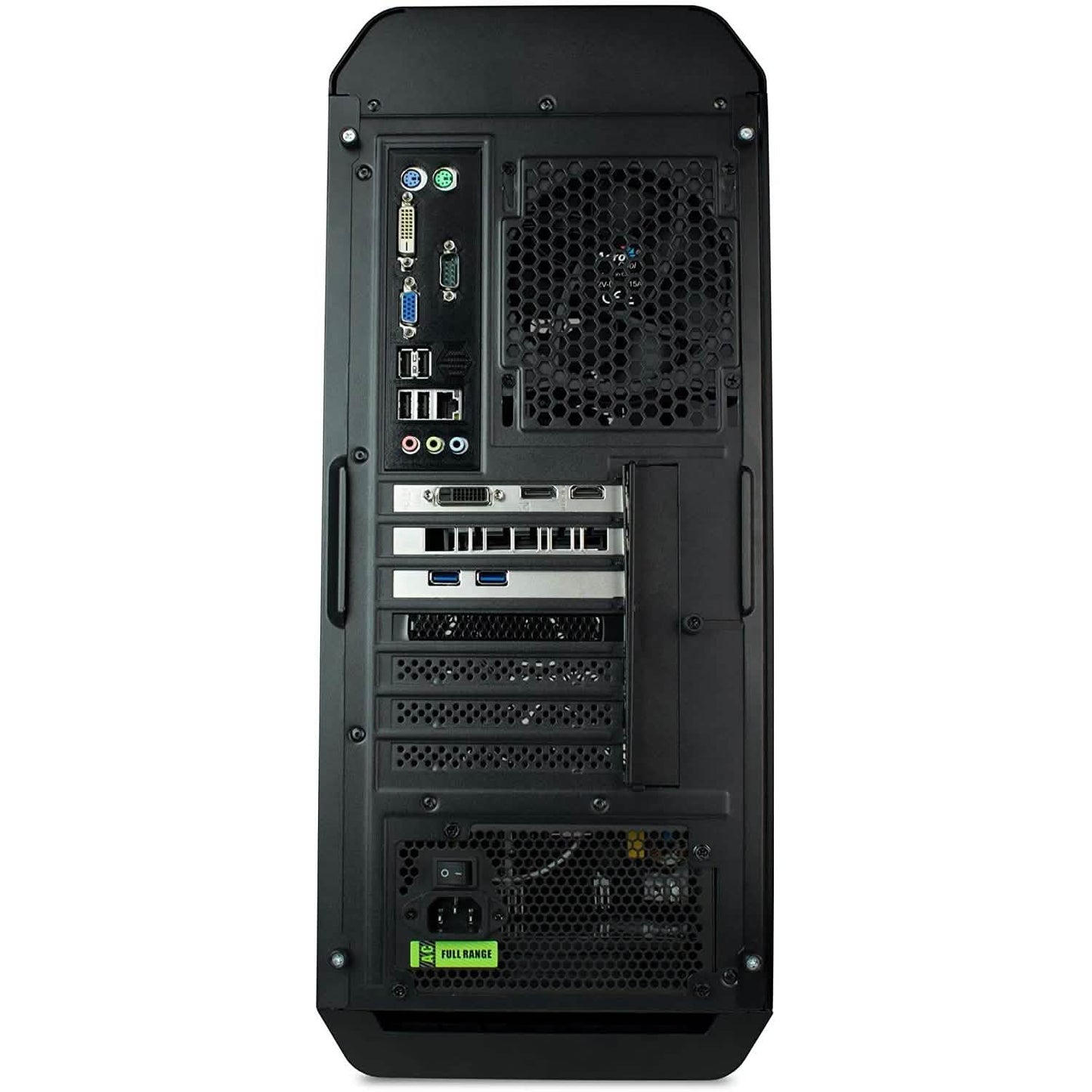 Black gaming PC tower rear panel with expansion slots and vented grille