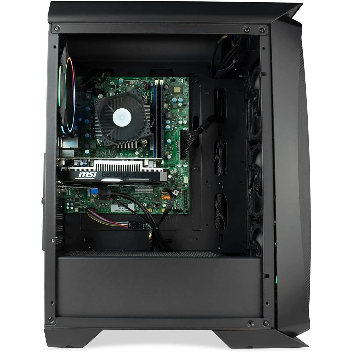 Black gaming PC with side panel open showing motherboard and cooling fan