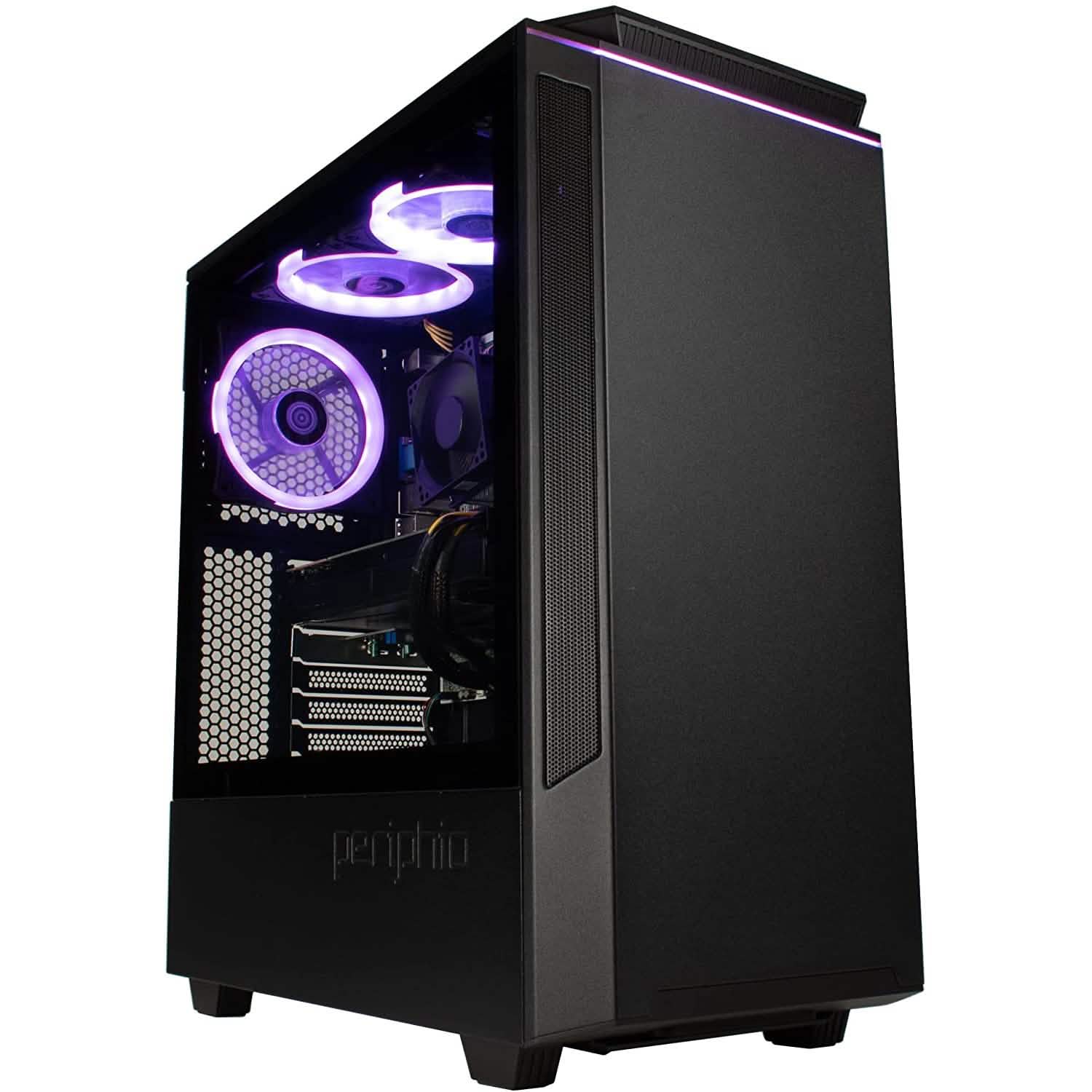 Black gaming PC tower with open side panel and purple RGB fan lights
