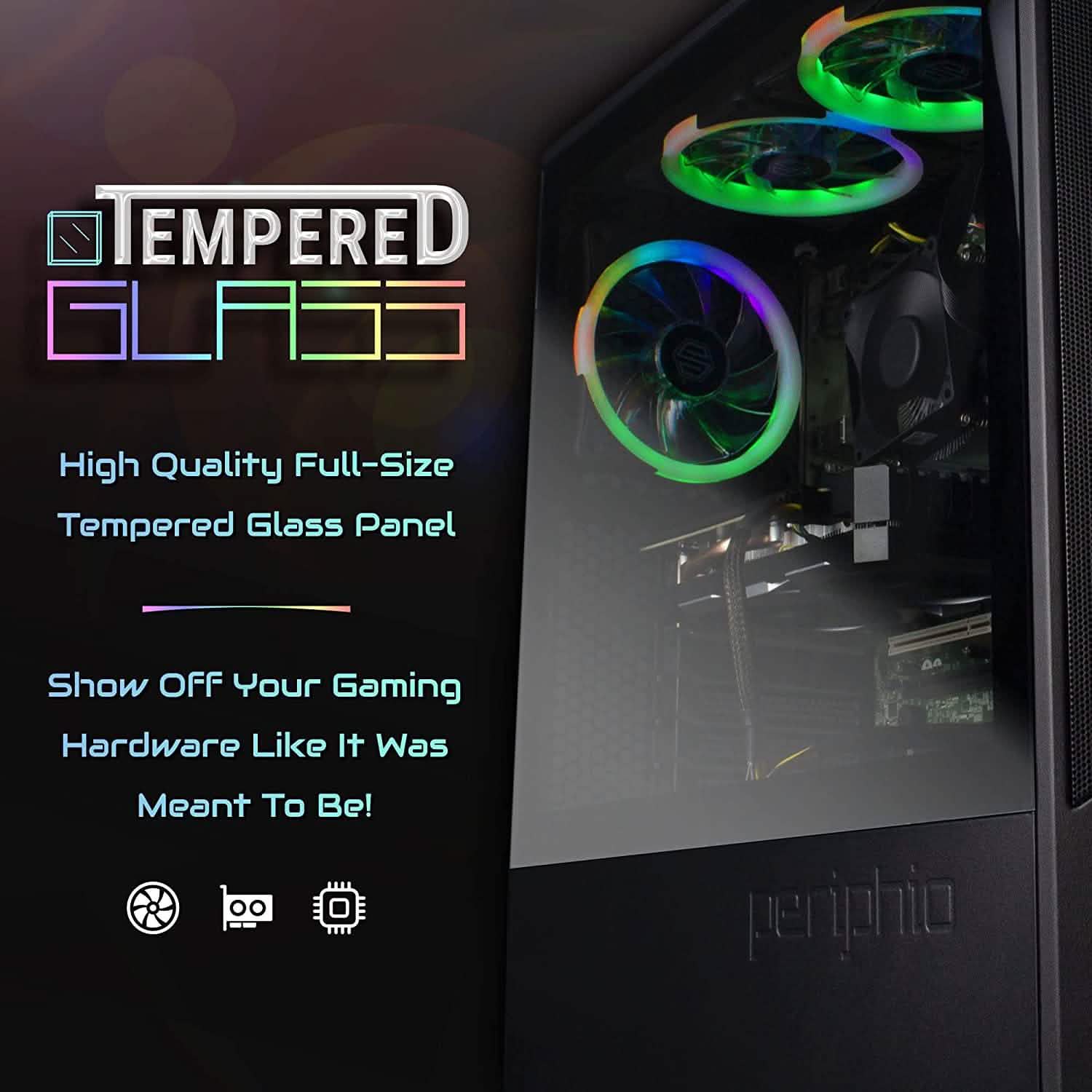 Black gaming PC tower with tempered glass side and RGB-lit interior fans
