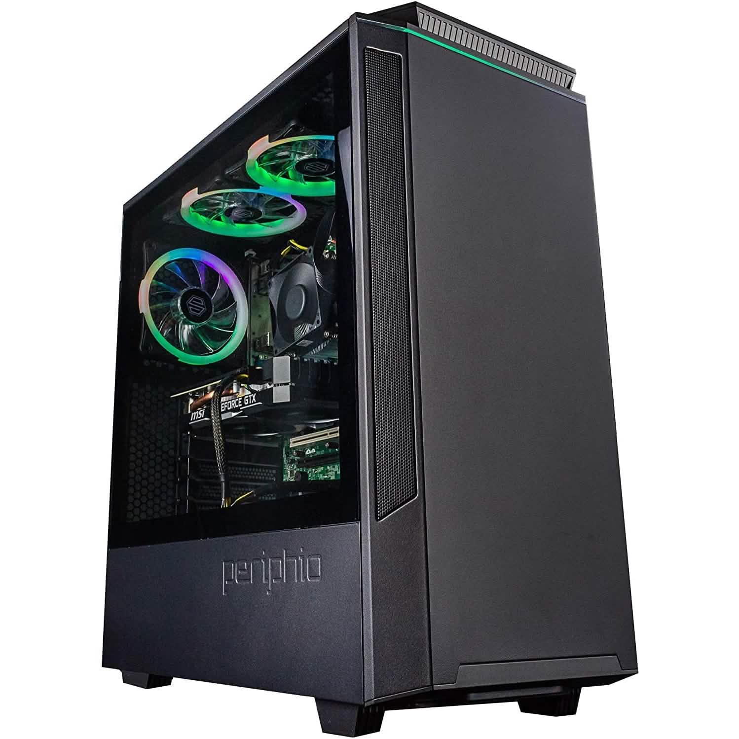 Black gaming PC tower with open side panel and green-blue RGB fan lights