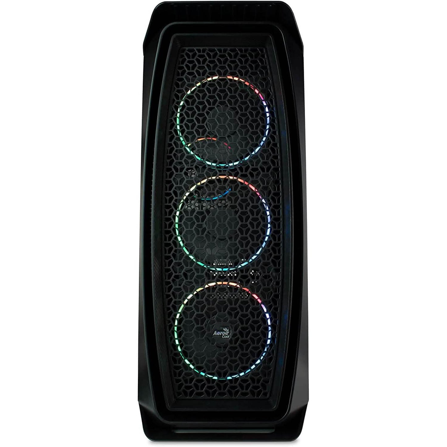 Gaming PC tower with triple RGB ring fans behind hex mesh, front view, black case